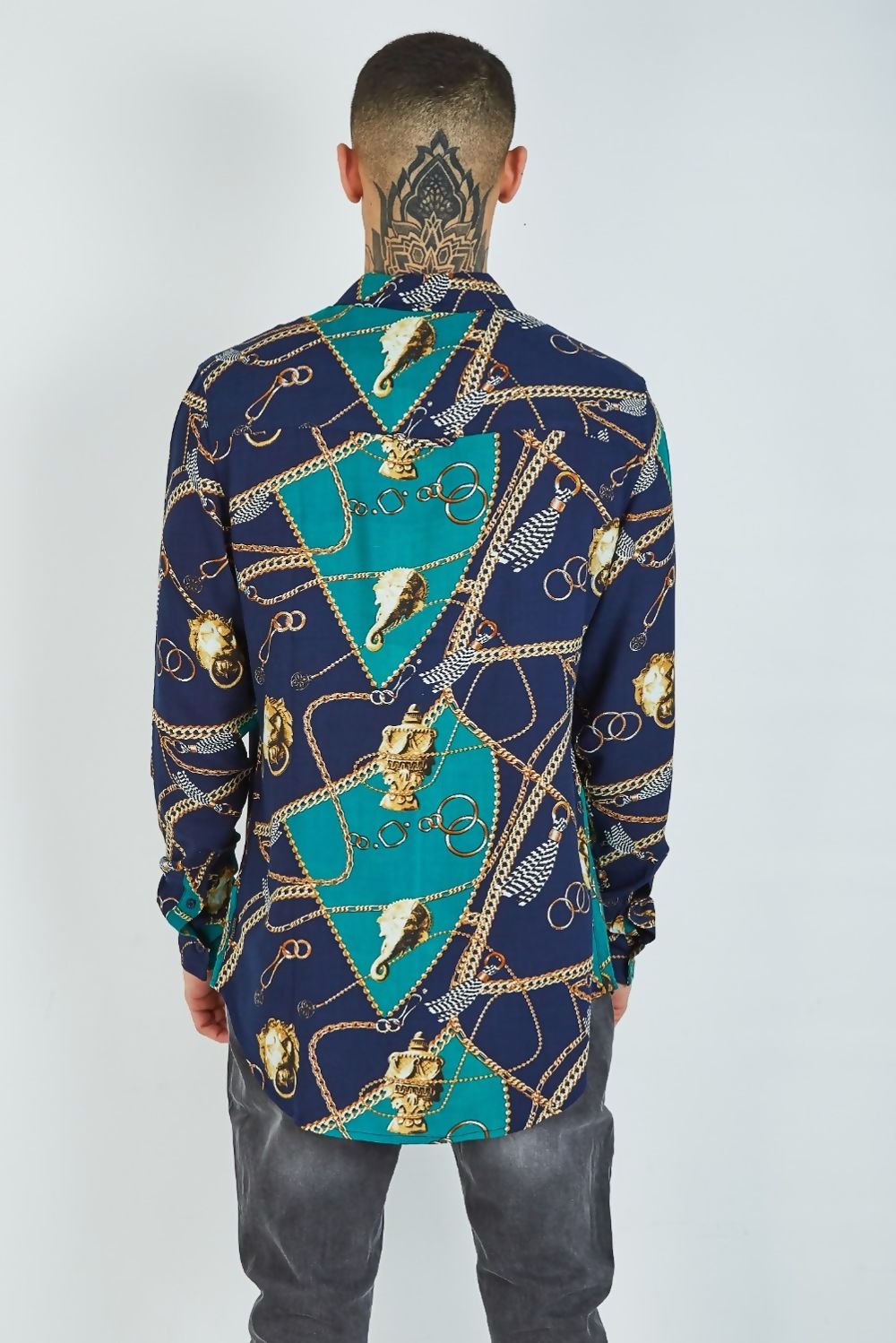 Navy-Chain-Print-Long-Sleeve-Shirt