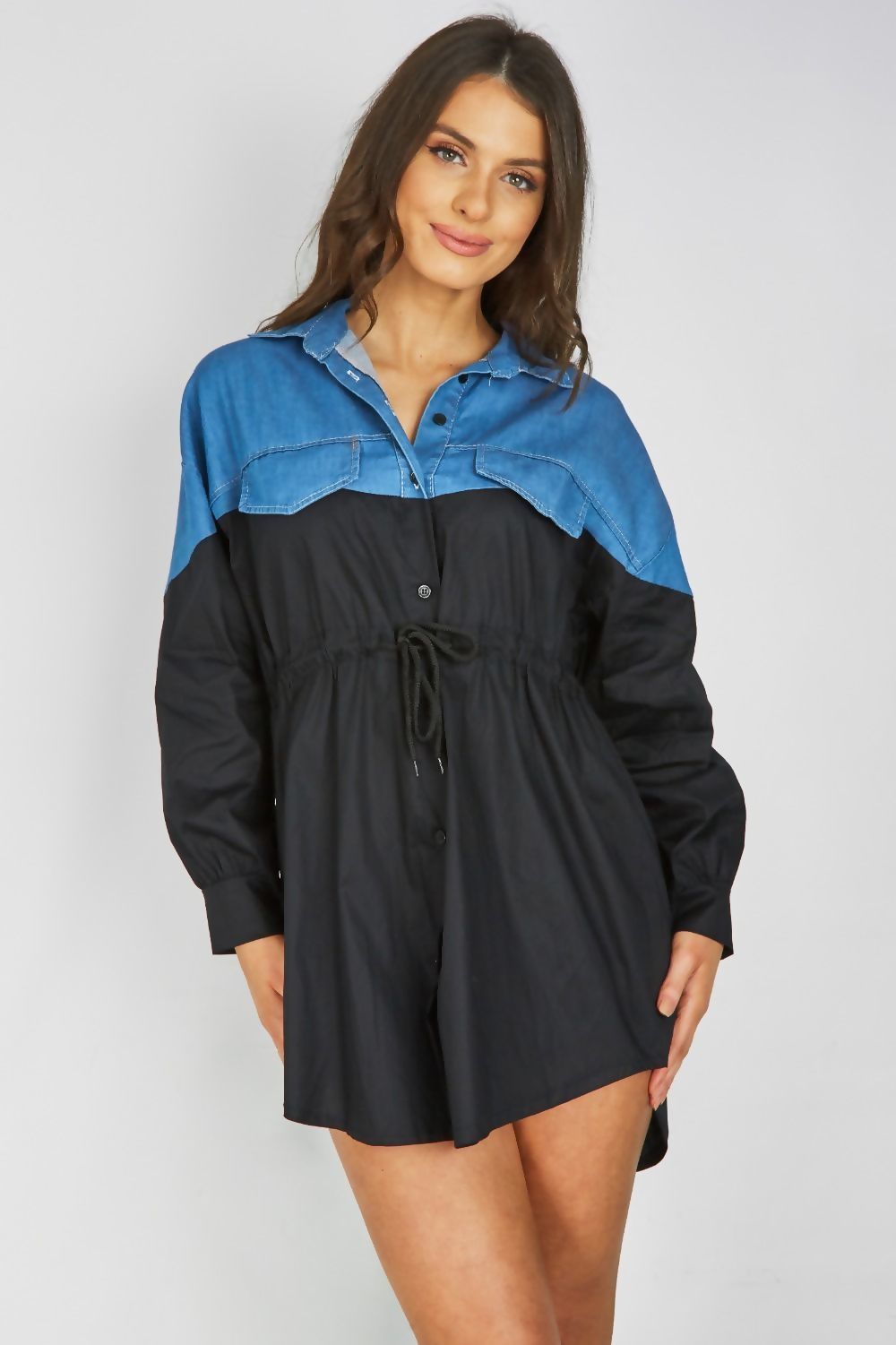 Denim-Distressed-Contrasted-Slouchy-Shirt-Dress