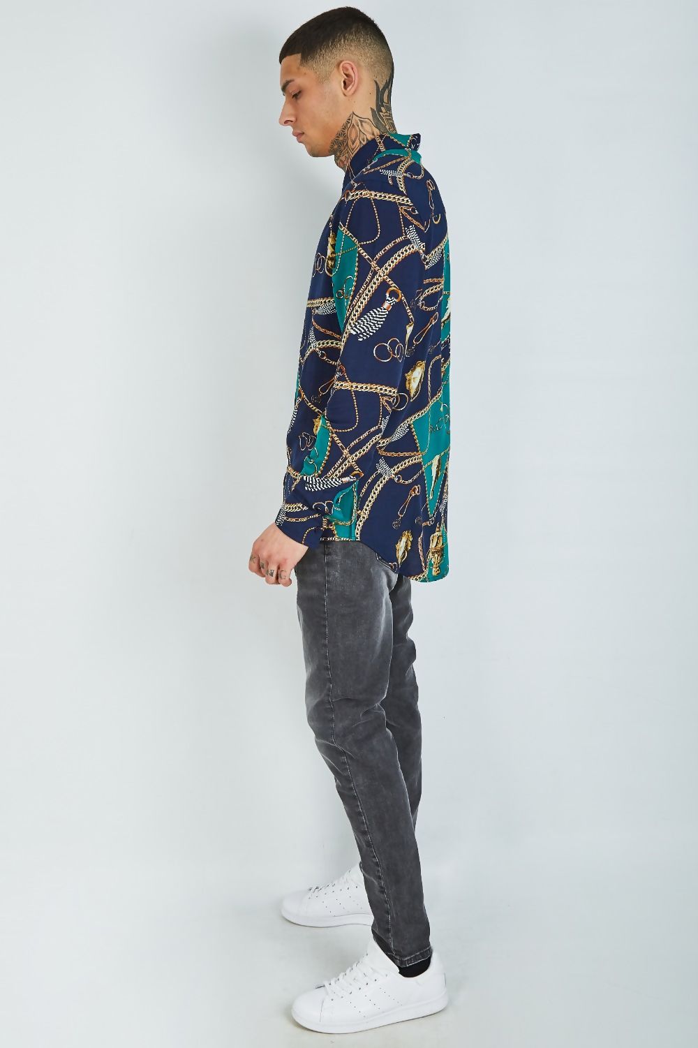 Navy-Chain-Print-Long-Sleeve-Shirt