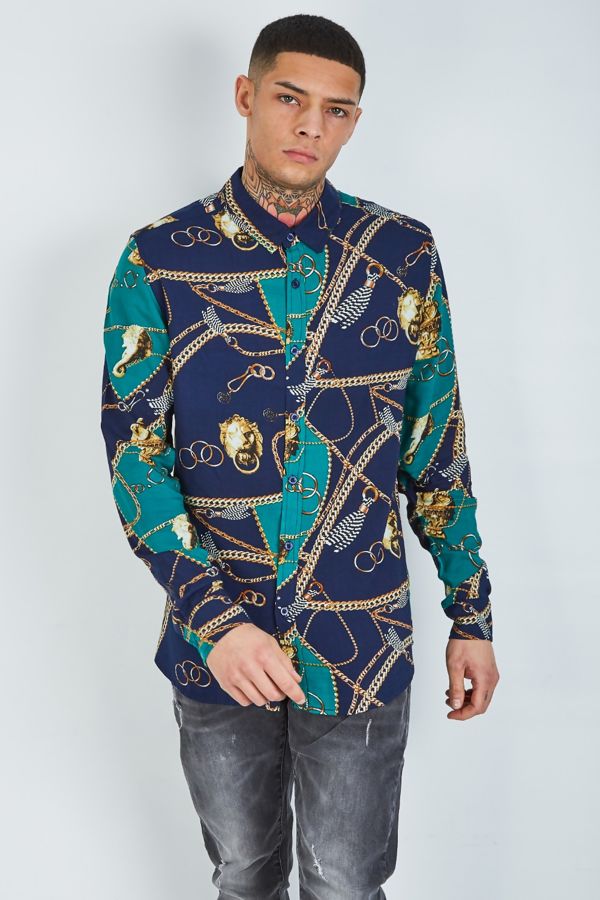 Navy-Chain-Print-Long-Sleeve-Shirt