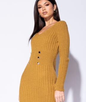 Button Detail Plunge Neck Knit Dress 